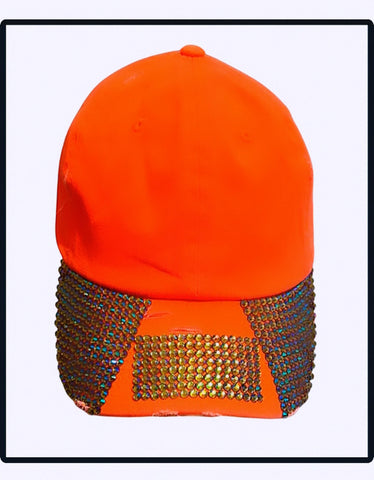 Neon Orange Rhinestone Cap