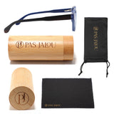Close-up of UV400 wooden sunglasses in a beautiful bamboo case