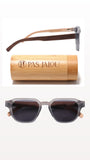 Stylish UV400 wooden sunglasses placed inside a handcrafted bamboo case