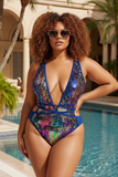 Woman in a colorful swimsuit standing by a pool