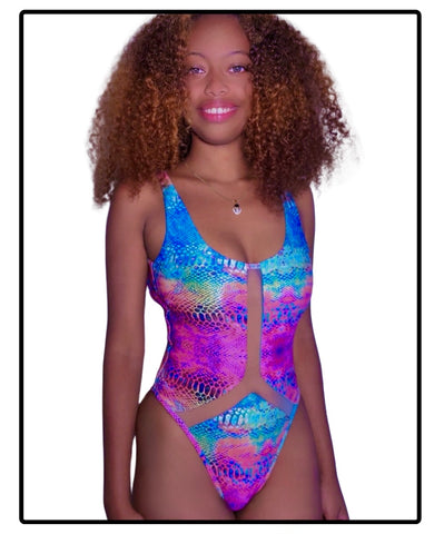 Eye-Catching Winowa Mesh Multicolor Snakeskin Print One-Piece Swimsuit