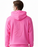 Person wearing a pink hoodie with a logo on the back against a white background