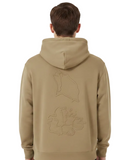 Person wearing a beige hoodie with designs on the back against a white background