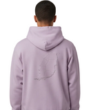 Person wearing a light purple hoodie with a grenanda map design on the back against a plain background
