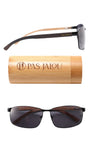 Sunglasses with wooden case and 'PAS JALOU' branding on a white background