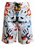 Colorful swim shorts with abstract painted hand print  pattern on a white background