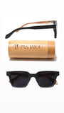 Wooden sunglasses featuring UV400 protection, housed in a bamboo case