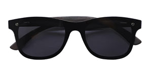 Classic black sunglasses with dark lenses, displayed with a bamboo case and accessories