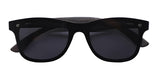 Classic black sunglasses with dark lenses, displayed with a bamboo case and accessories