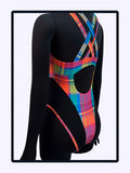 Colorful plaid madras creola one-piece swimsuit featuring a deep V-neckline and high-cut leg design, perfect for summer beachwear or pool parties