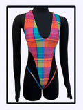 Colorful plaid madras creola one-piece swimsuit featuring a deep V-neckline and high-cut leg design, perfect for summer beachwear or pool parties