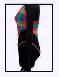 Colorful plaid madras creola one-piece swimsuit featuring a deep V-neckline and high-cut leg design, perfect for summer beachwear or pool parties