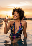 Woman in a colorful sequin swimsuit holding a glass of champagne by a waterfront at sunset.