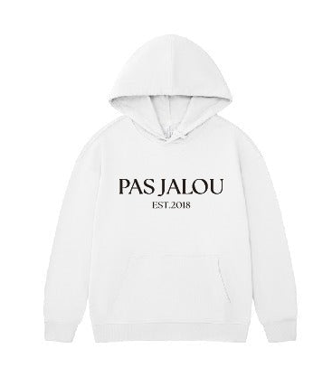 White Pas Jalou Cotton Sweater with embossed pas jalou logo on the front and embossed Antigua map image on the back of the sweater, perfect for travel or for cozy days.