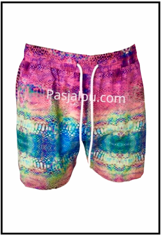 unisex swim shorts for both men and women, pink based with custom snakeskin print.