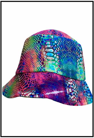 unisex bucket hat in pink multicolor custom snake print